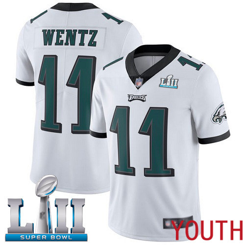 Youth Philadelphia Eagles #11 Carson Wentz White Vapor Untouchable NFL Jersey Limited Player Super Bowl LII